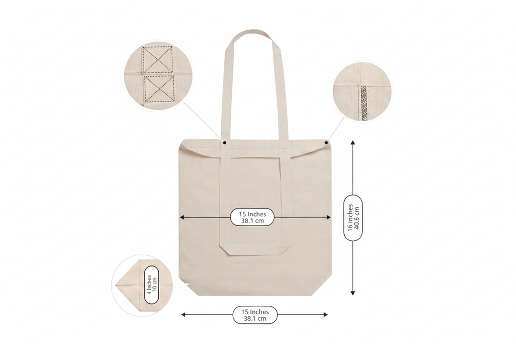 Canvas tote bag product dimensions and construction details