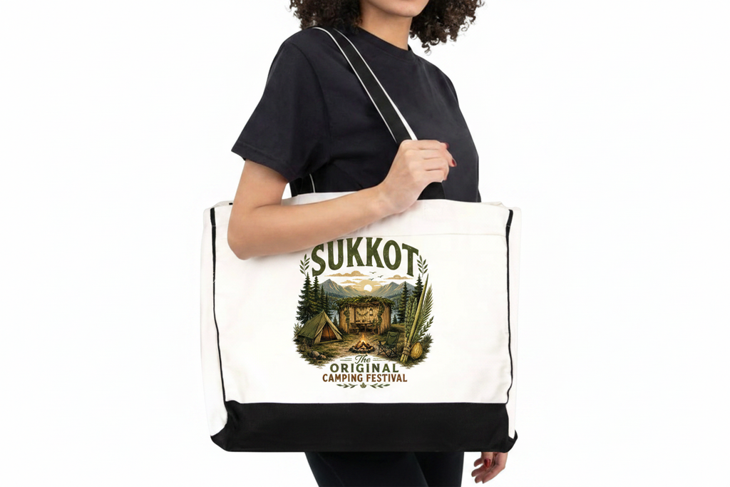 Sukkot The Original Camping Festival Tote Bag - model wearing white canvas tote with design