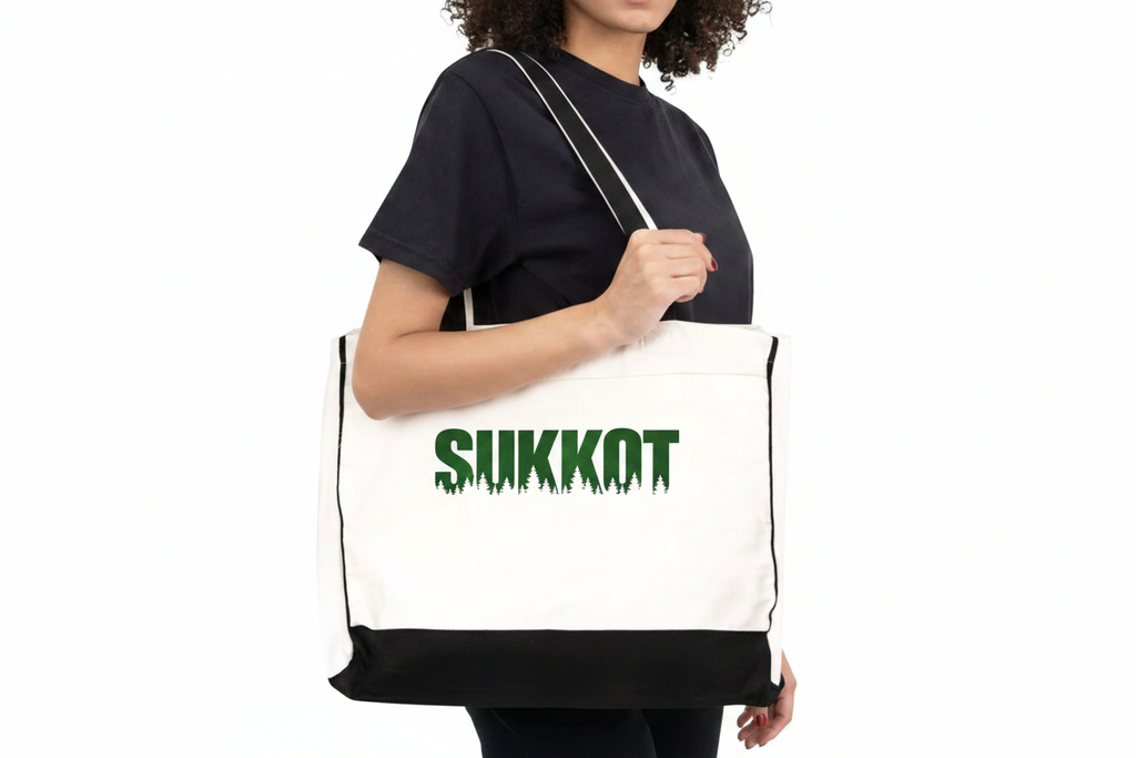 Sukkot Forest Tote Bag - model carrying white canvas tote with bold green Sukkot forest design