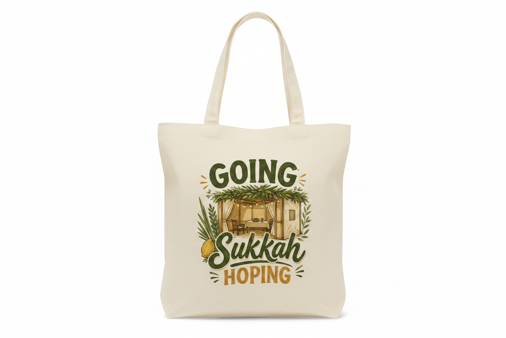 Going Sukkah Hoping design centered on natural canvas tote bag
