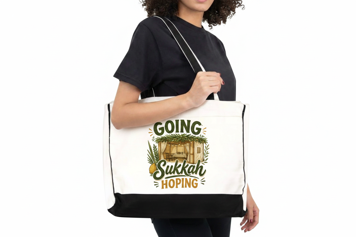 Going Sukkah Hoping Tote Bag - model carrying white canvas tote with design